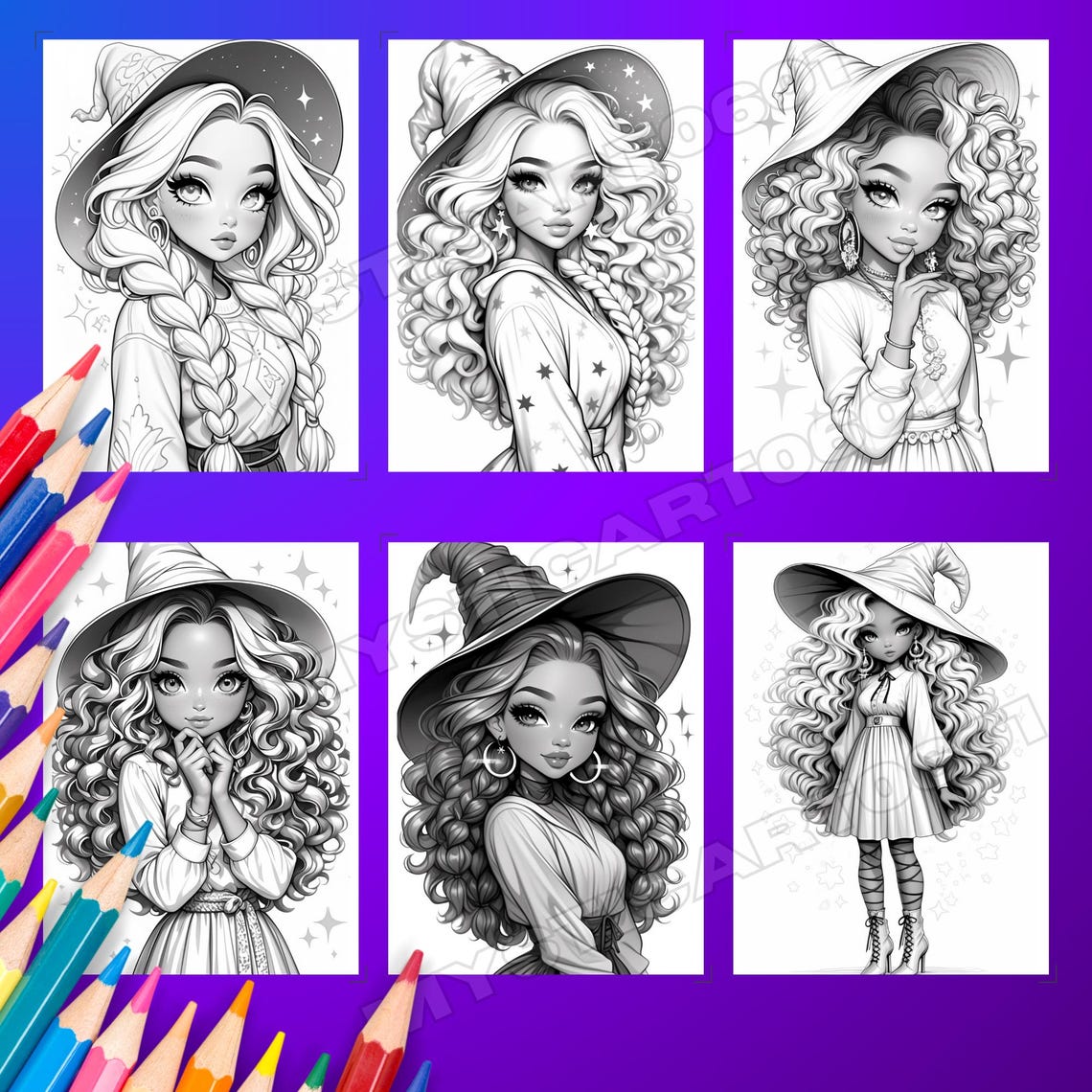 Witch Girl Grayscale Coloring Book – Part 2, 30 Pages (printable PDF - Etsy