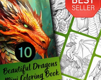 Libro para colorear de dragones para adultos y adolescentes, 10 páginas para colorear de fantasía, PDF imprimible para descarga instantánea.