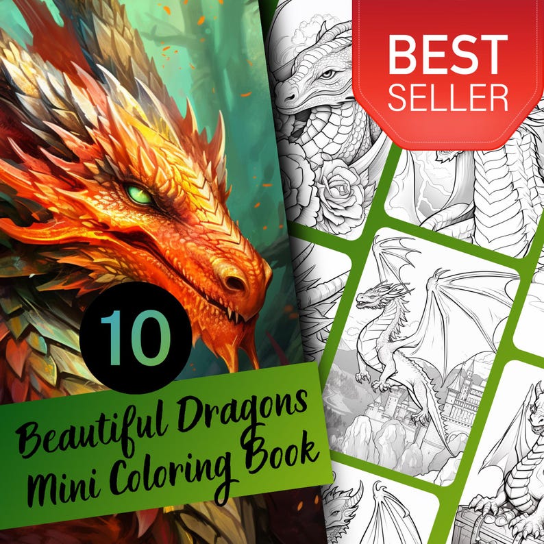 Målarbok för vuxna med drakfantasi för vuxna och tonåringar, 10 fantasy-målarbilder, utskrivbar PDF direktnedladdning bild 1