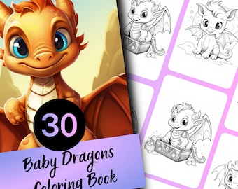 Baby Dragons Grayscale Coloring Book, 30 Pages (Printable PDF)