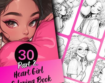 Kleurboek Heart Girl voor volwassenen en tieners, 30 kleurplaten in grijstinten, afdrukbare pdf direct downloaden