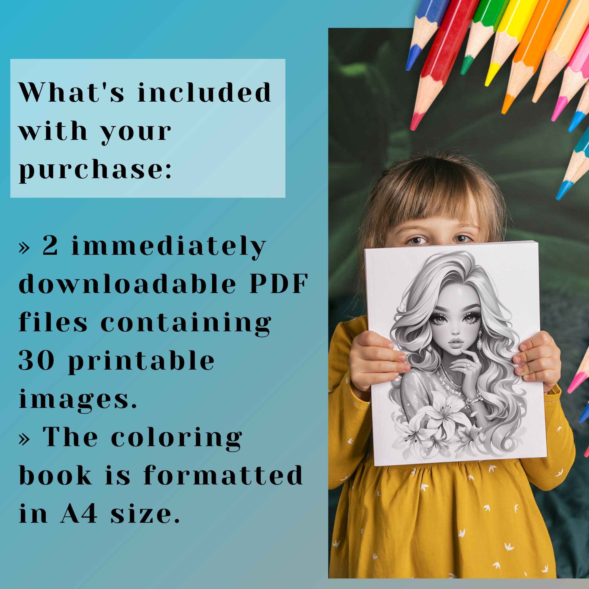 Lily Flower Girl Coloring Book – 30 Page Grayscale Art (printable PDF ...