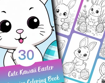 Livre de coloriage Kawaii Lapins de Pâques pour adultes et adolescents, 30 pages à colorier mignonnes, PDF imprimable à télécharger instantanément