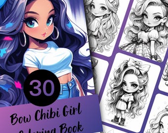 Chibi Girl kleurboek voor volwassenen en tieners, 30 schattige kleurplaten met strik, afdrukbare pdf, direct downloaden
