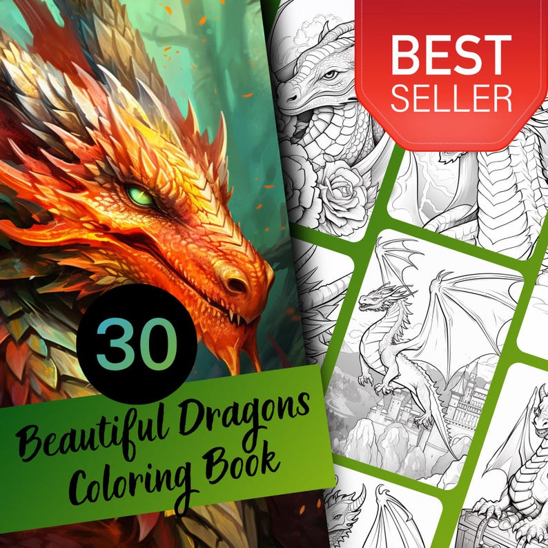This grayscale Dragon Coloring Book features 30 detailed pages for kids and adults to enjoy. Delivered as an instantly downloadable printable coloring PDF, it is ideal for fantasy coloring lovers, especially fans of House of the Dragon and Dungeons and Dragons. Perfect for adults dragon fans and kids dragon pages alike, it includes dragon art, DND coloring themes, fantasy dragon art, mythical creatures, and offers a relaxing detailed coloring experience. This dragon coloring PDF.