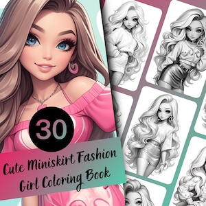 かわいいミニスカートファッションガールの塗り絵 - 子供と大人向けの 30 ページのグレースケール塗り絵、即時ダウンロード、印刷可能な PDF