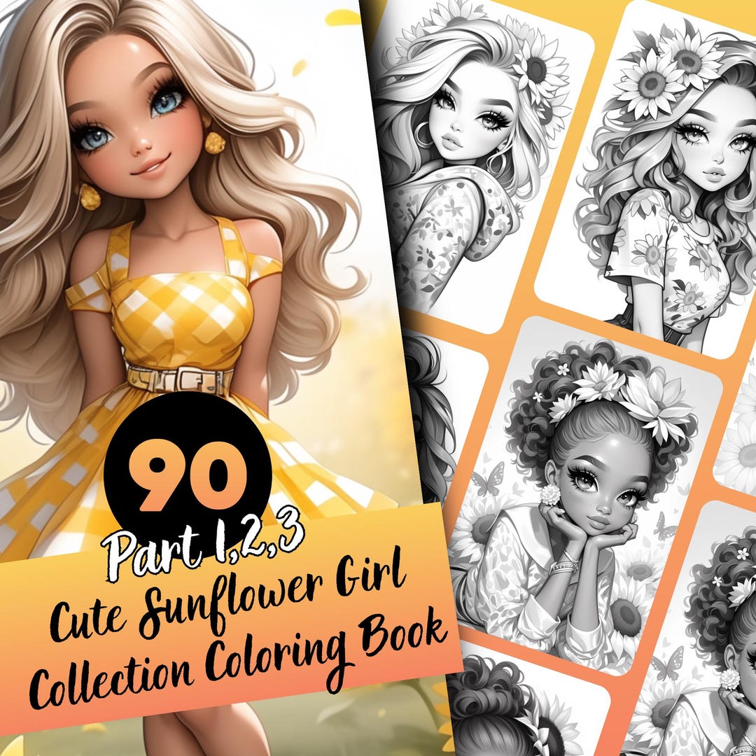 Sunflower Girl Coloring Book for Adults and Teens, 90 Grayscale ...