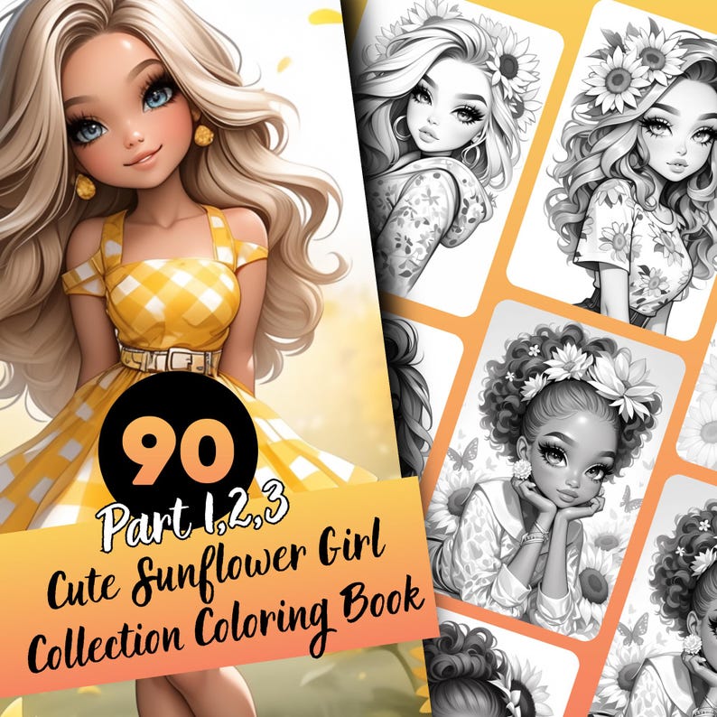 Sunflower coloring, Coloring book, Adult coloring, Girl coloring, Flower coloring, Sunflower girl, Grayscale book, Printable book, Sunflower field, Cute coloring, Flower pages, Sunflower print, Flower book