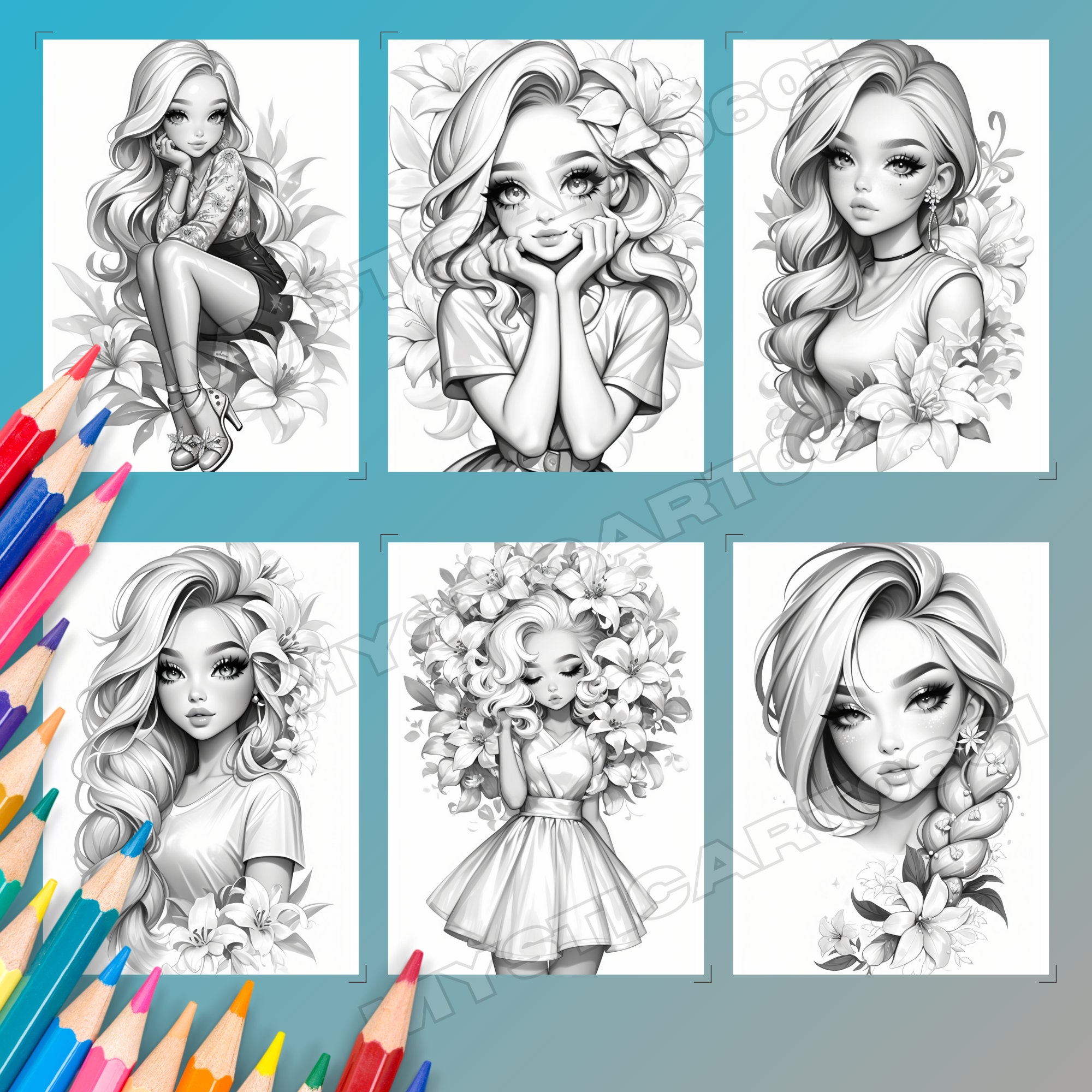 Lily Flower Girl Coloring Book – 30 Page Grayscale Art (printable PDF ...
