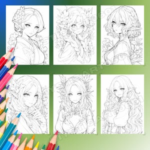 Op de afbeelding: Een verzameling van zes zwart-wit anime-stijl illustraties van vrouwelijke personages met bloemen- en bladeraccenten. Elk portret toont een ander kapsel en kleding, met de nadruk op delicate gelaatstrekken en elfenoren. Gekleurde potloden zijn zichtbaar op de voorgrond.
