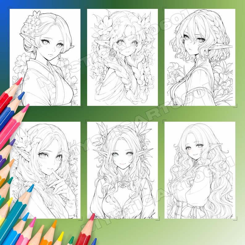 Op de afbeelding: Een verzameling van zes zwart-wit anime-stijl illustraties van vrouwelijke personages met bloemen- en bladeraccenten. Elk portret toont een ander kapsel en kleding, met de nadruk op delicate gelaatstrekken en elfenoren. Gekleurde potloden zijn zichtbaar op de voorgrond.