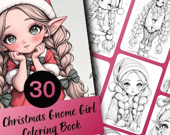 Libro para colorear de gnomos navideños para adultos y adolescentes, 30 páginas para colorear en escala de grises, descarga instantánea en PDF imprimible.
