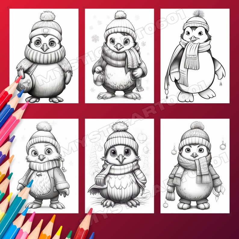 Cute Christmas Penguin Coloring Book, Coloring Featuring Adorable Penguins in Winter Attire for Kids & Adults, Printable PDF