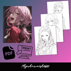 anime coloring book bundle preview showing printable anime girl line art pages, PDF print ready digital anime coloring book with high detail illustrations