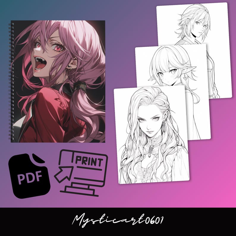 anime coloring book bundle preview showing printable anime girl line art pages, PDF print ready digital anime coloring book with high detail illustrations