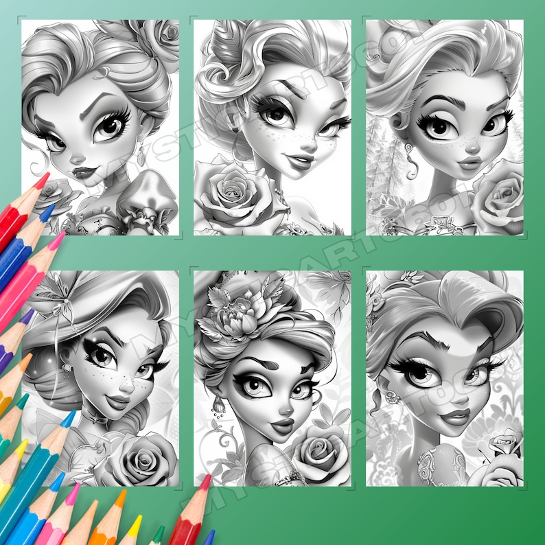 Cute Lady in the Rose Garden Coloring Book, Cute Lady in a Beautiful Rose garden, Grayscale Coloring Book for Kids and Adults, Instant Download, Printable PDF