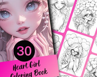 Kleurboek Heart Girl voor volwassenen en tieners, 30 kleurplaten in grijstinten, afdrukbare pdf direct downloaden
