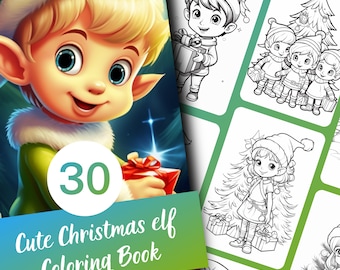 Kerstkleurplaten, kleurboek met kerstelfjes in fantasiethema, 30 printbare PDF-pagina's voor volwassenen en tieners, direct te downloaden.