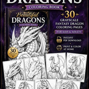 Alt text
Beautiful Dragons Coloring Book pin featuring grayscale fantasy dragon coloring pages, printable PDF download, and detailed dragon illustrations for kids and adults.