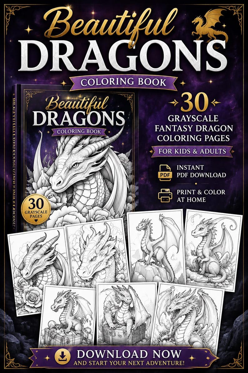 Alt text
Beautiful Dragons Coloring Book pin featuring grayscale fantasy dragon coloring pages, printable PDF download, and detailed dragon illustrations for kids and adults.