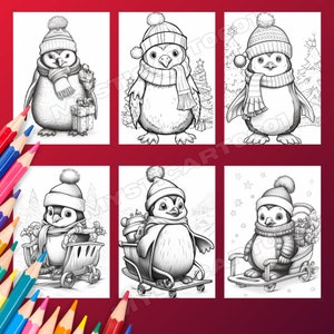 May include: Six black and white illustrations of penguins wearing winter hats and scarves. The penguins are holding gifts, riding sleds, and standing in front of Christmas trees. These illustrations are perfect for coloring pages or holiday crafts.