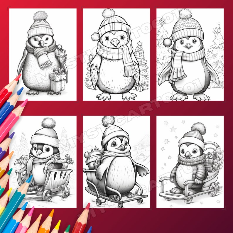 May include: Six black and white illustrations of penguins wearing winter hats and scarves. The penguins are holding gifts, riding sleds, and standing in front of Christmas trees. These illustrations are perfect for coloring pages or holiday crafts.