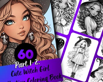 May include: A coloring book cover featuring a cute witch girl with long brown hair and a black witch hat. The cover also includes the text "60 Part 1-2: Cute Witch Girl Collection Coloring Book".