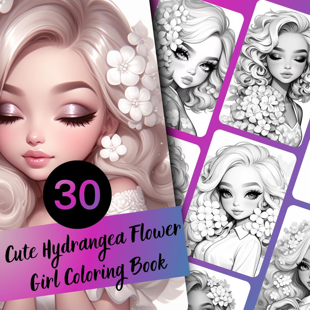 Hydrangea Girl Grayscale Coloring Book – 30 Page Printable (PDF) - Etsy