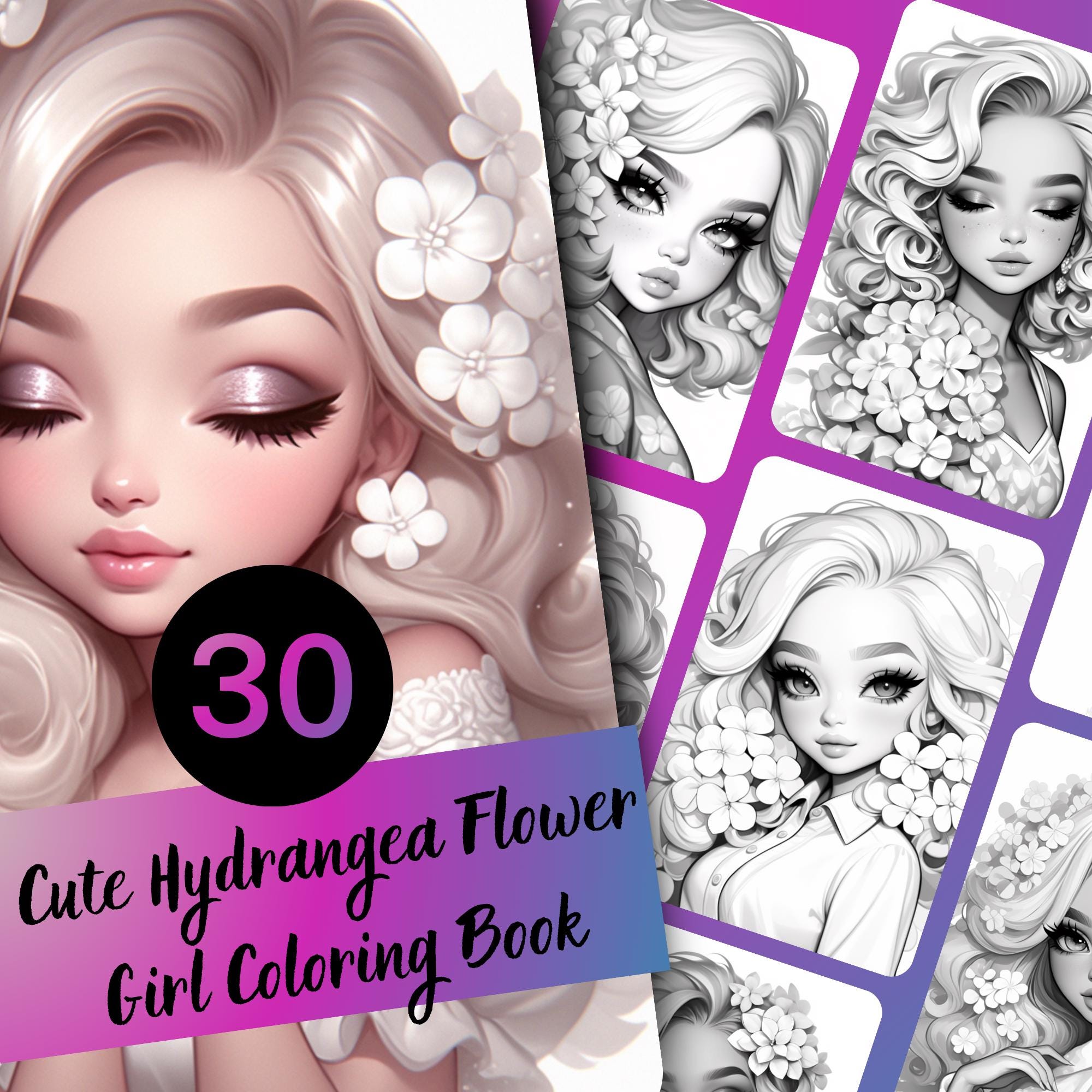 Hydrangea Girl Grayscale Coloring Book – 30 Page Printable (PDF) - Etsy