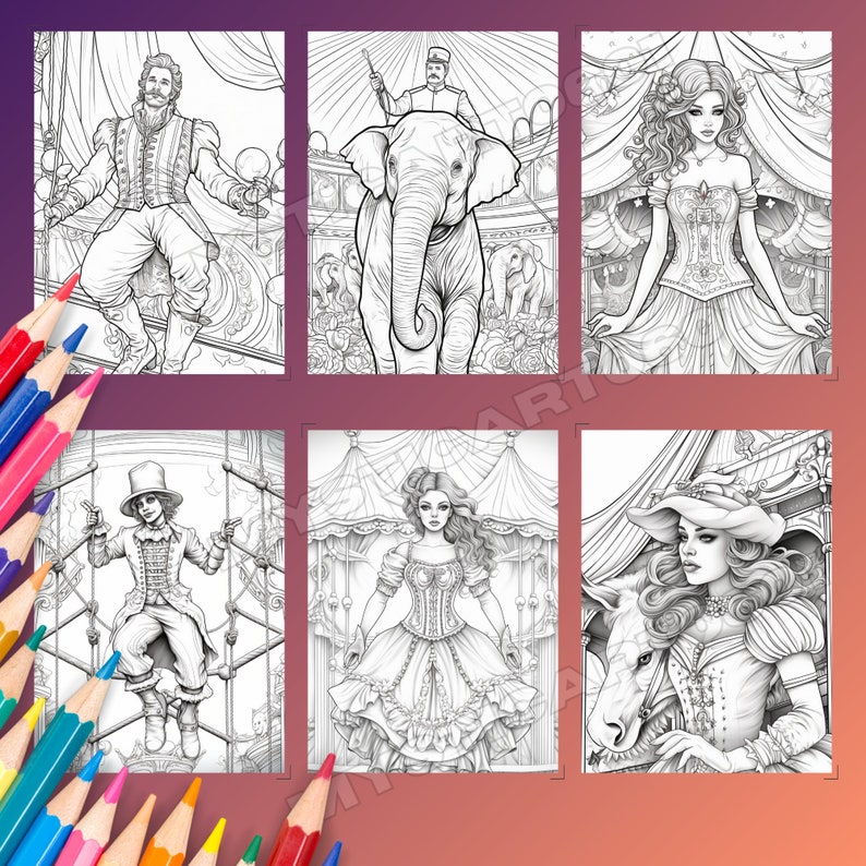 Może przedstawiać: Strona do kolorowania przedstawiająca sześć r&oacute;żnych scen z cyrku. Sceny przedstawiają siłacza, słonia, kobietę w gorsecie, mężczyznę na trapezie, kobietę w sukni i kobietę z koniem. Sceny są wszystkie w czerni i bieli.