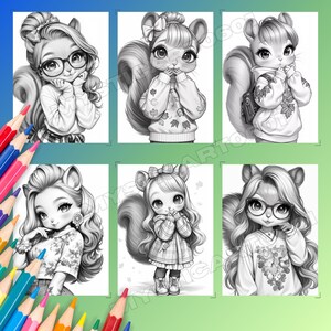 Cute Squirrel Girl Coloring Book - 30 Page Grayscale Coloring Book for ...