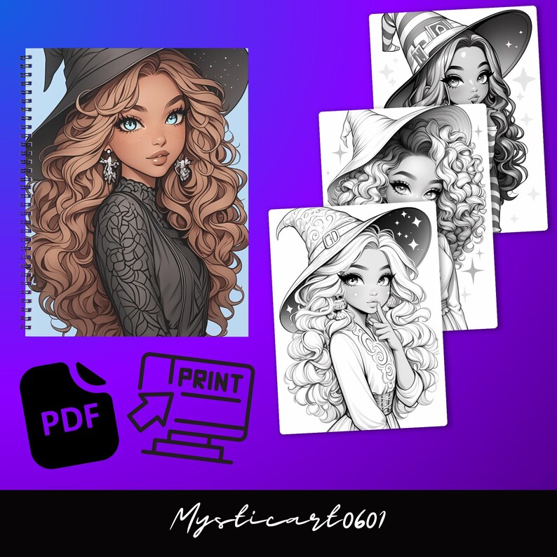 Witch Girl Grayscale Coloring Book – Part 2, 30 Pages (printable PDF - Etsy