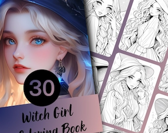May include: A coloring book featuring 30 illustrations of witch girls with long flowing hair and intricate hats. The cover shows a close-up of a witch girl with blue eyes and a black hat. The text "30 Witch Girl Coloring Book" is displayed on the cover.