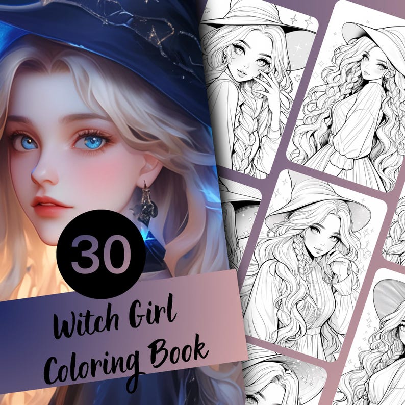 Coloring book, Adult coloring, Girl coloring, Cute coloring, Witch coloring, Grayscale book, Magical girl, Cute Halloween, Witch art, Printable book, Halloween witch, Cozy coloring, Kawaii coloring