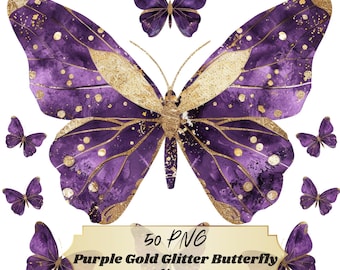 Purple Gold Glitter Butterfly Clipart, 50 PNG Transparent Background, Commercial Use Digital Download
