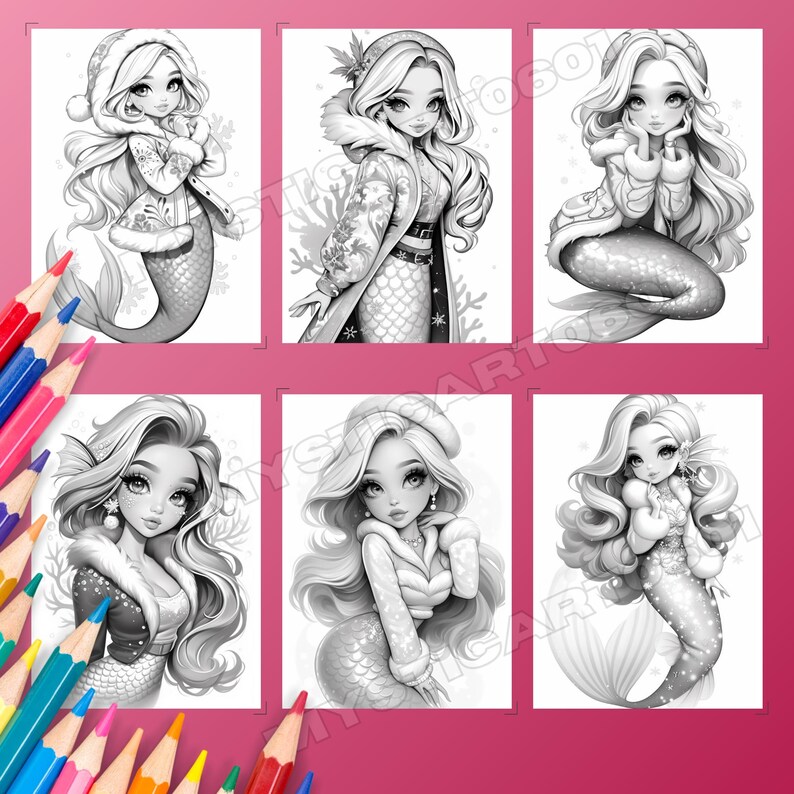 Cute Christmas Mermaid Girl Coloring Book – 30 grayscale coloring pages for kids and adults. This printable PDF is perfect for holiday fun, featuring cute mermaid art, Christmas coloring pages, and grayscale book designs. Enjoy instant download coloring pages that make a great mermaid gift or digital coloring activity. Includes a 30-page book of Xmas mermaid coloring, printable PDF art, and grayscale pages for festive creative fun.