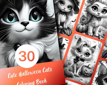 Halloween Cats Coloring Book for Adults and Teens, 30 Grayscale Coloring Pages, Printable PDF Instant Download