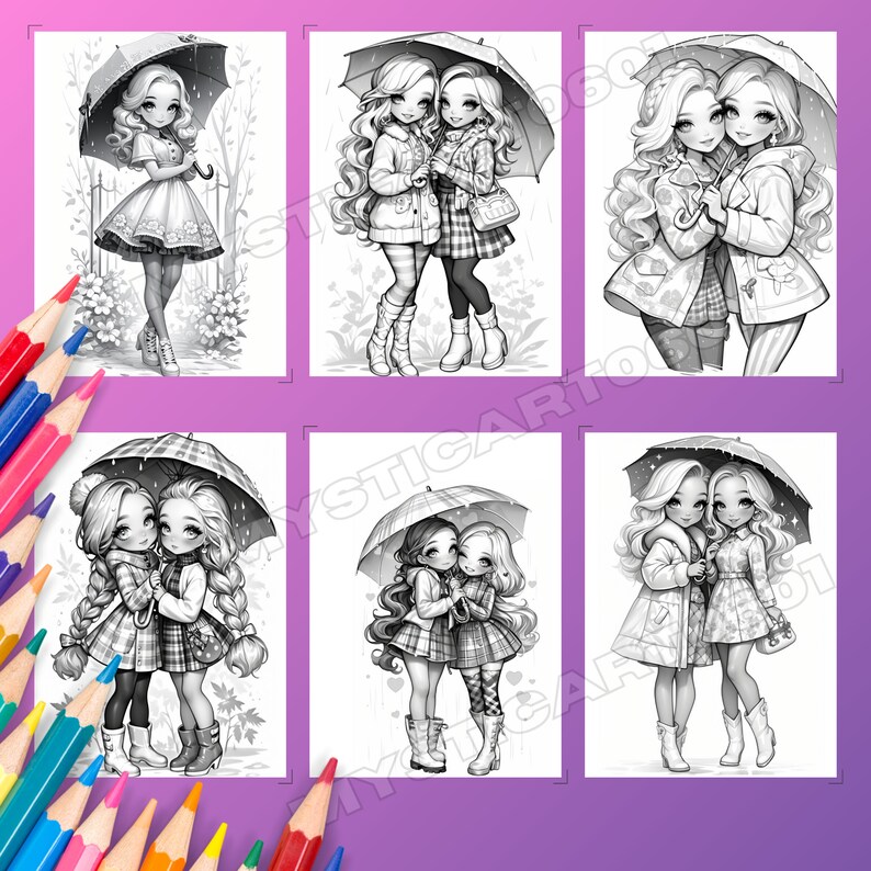 Cute Girl in Spring Rain Coloring Book, Cute Girl in Spring Rain Grayscale Coloring Book for Kids and Adults, Printable PDF