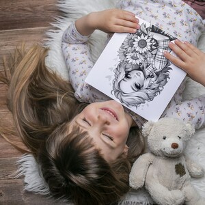 Cute Sunflower Girl Coloring Book, Cute Girl Among Sunflowers Grayscale Coloring Book for Kids and Adults, Printable PDF