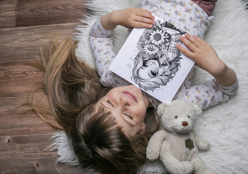 Cute Sunflower Girl Coloring Book, Cute Girl Among Sunflowers Grayscale Coloring Book for Kids and Adults, Printable PDF