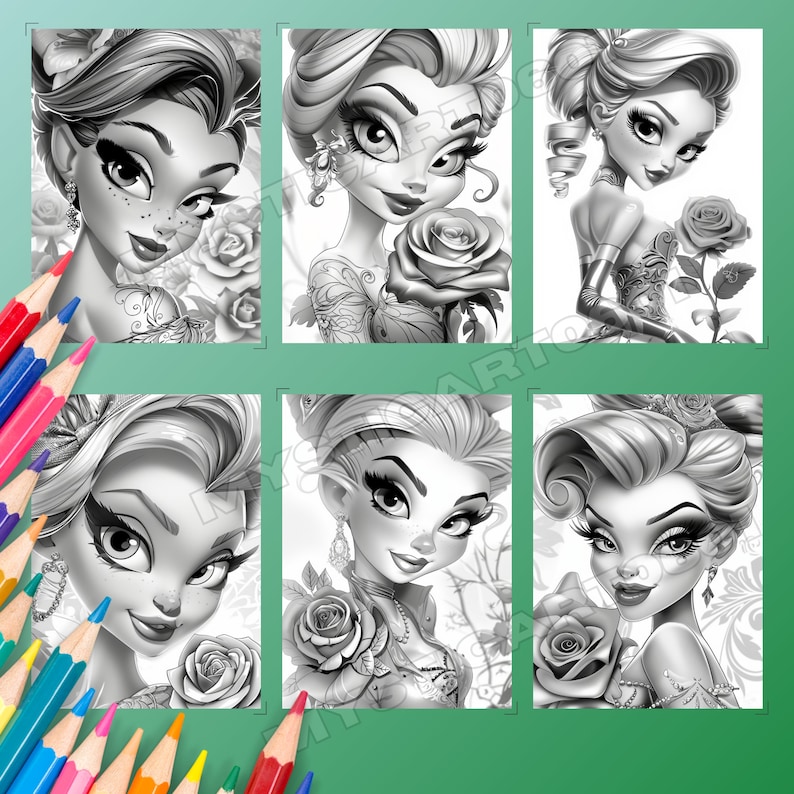 Cute Lady in the Rose Garden Coloring Book, Cute Lady in a Beautiful Rose garden, Grayscale Coloring Book for Kids and Adults, Instant Download, Printable PDF