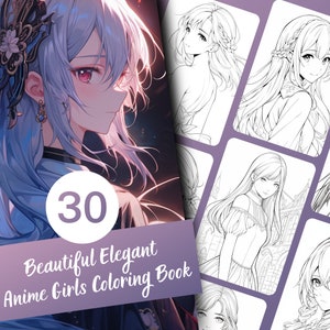 Bellissimo ed elegante libro da colorare di ragazze anime - Libro da colorare anime di 30 pagine per bambini e adulti, download immediato, PDF stampabile