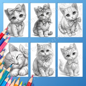 Cute Cat with Bow Coloring Book - 30 Page Grayscale Coloring Book for Kids and Adults, Instant Download, Printable PDF
