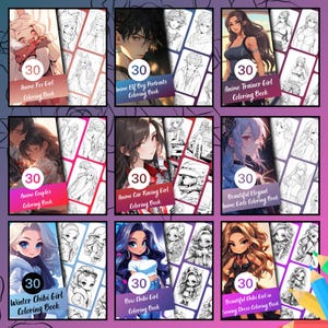 anime coloring book bundle preview featuring anime girls, couples, trainers, racing and chibi characters, digital anime coloring books included in mega bundle