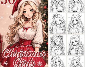 Christmas Coloring Pages for Adults and Teens, Girls Coloring Book, 30 Grayscale Pages, Printable PDF Instant Download