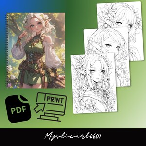 Op de afbeelding: Een spiraalgebonden notitieboek en verschillende kleurplaten met een anime-achtige elf. Het notitieboek toont een full-color illustratie van de elf in een groene en bruine outfit. De kleurplaten tonen hetzelfde personage in zwart-wit.