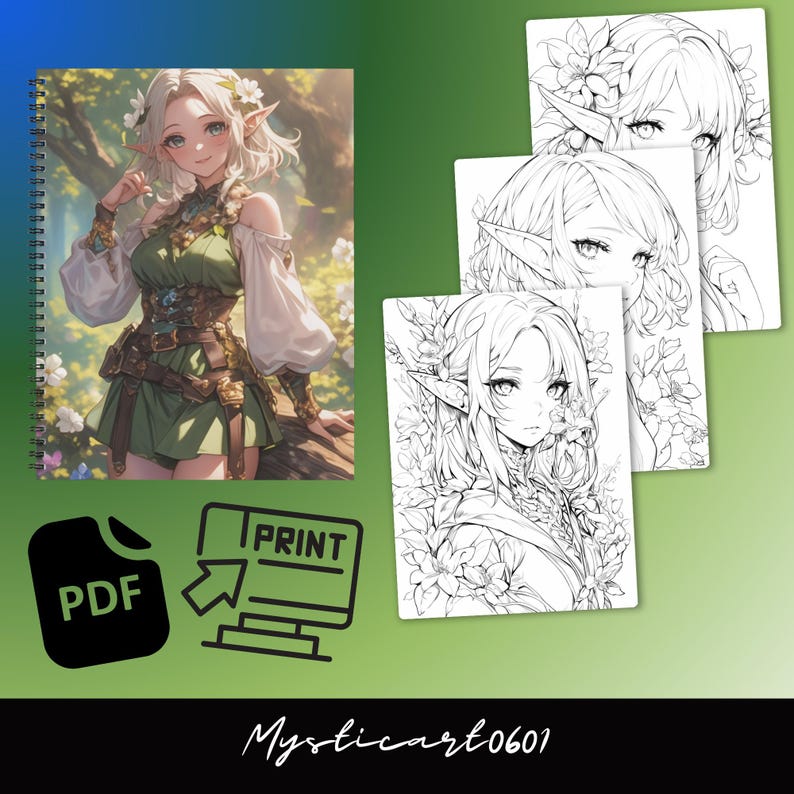 Op de afbeelding: Een spiraalgebonden notitieboek en verschillende kleurplaten met een anime-achtige elf. Het notitieboek toont een full-color illustratie van de elf in een groene en bruine outfit. De kleurplaten tonen hetzelfde personage in zwart-wit.