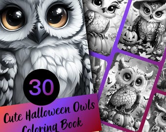 Dierenkleurboek - Halloweenuil, 30 pagina's in grijstinten, printbaar PDF-bestand, direct te downloaden.