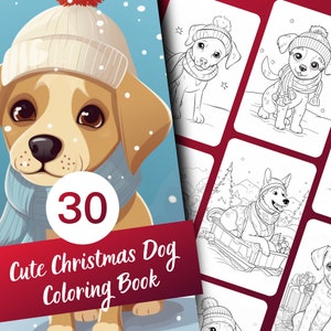 Kleurboek schattige kersthond, 30 pagina schattige puppy's in kerstoutfits Kleurboek voor kinderen en volwassenen, direct downloaden, afdrukbare pdf