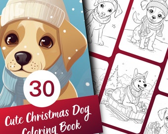 Dierenkleurboek, Kerstpuppy's, voor volwassenen en tieners, 30 kleurplaten in grijstinten, direct te downloaden als printbaar PDF-bestand.